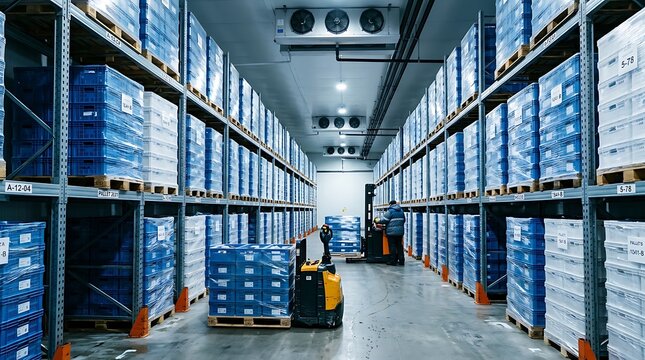 Cold storage warehouse interior with industrial freezer racks and forklift logistics
