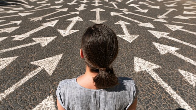 Woman contemplating choices standing before arrows pointing different