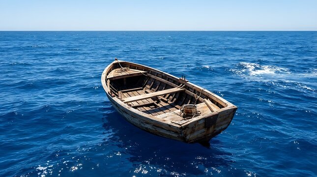 Rustic wooden boat drifting in deep blue ocean water, weathered rowboat floating at sea, lonely vessel on calm turquoise waves