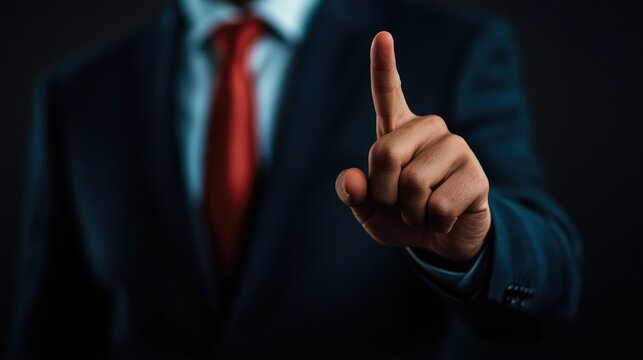 The image features a person dressed in a dark business suit, with a light colored shirt and a red tie, set against a dark background
