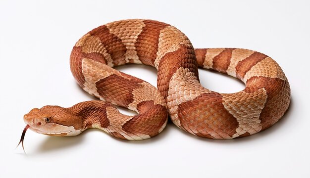 Coiled copperhead snake with patterned scales on white