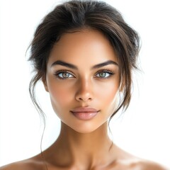 Fototapeta premium A young woman with clear, glowing skin and striking blue eyes gazes directly at the camera. Her dark brown hair is styled in a loose, slightly tousled manner with soft waves framing her face