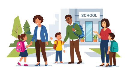 Obraz premium Parents Accompany Children to School Entrance