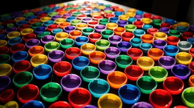 Rows of colorful plastic bottle caps arranged in a repeating pattern. Brightly saturated caps create a vibrant spectrum of hues. Recycling and manufacturing concept.
