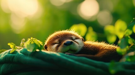 Fototapeta premium The image features a young sloth peacefully sleeping on a soft, green surface, possibly a blanket or the foliage. Its eyes are closed, and it has a relaxed, content expression on its face