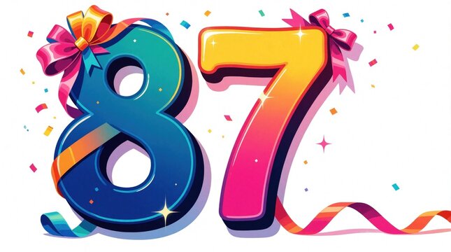 Number 87 with colorful ribbon and confetti. Festive illustration for birthday or anniversary. Celebrate special events with this fun, eye-catching graphic design.