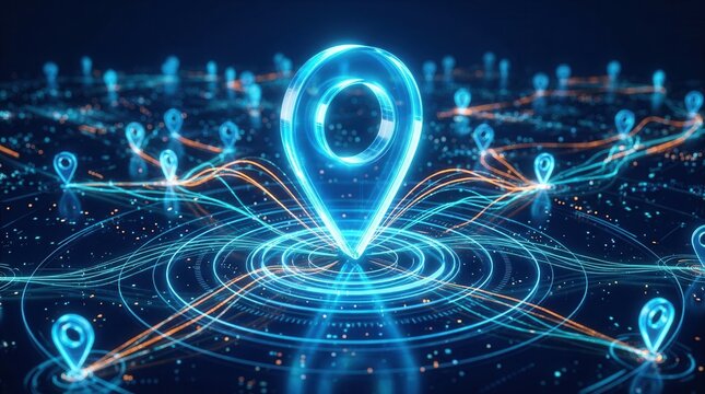Glowing blue location pins and connection lines on a digital map for business analytics and navigation concepts.