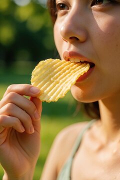 Young woman bites into a crispy potato chip while outdoors. She holds the snack between her fingers, enjoying a sunny day in a park with green blurred background. A casual treat.