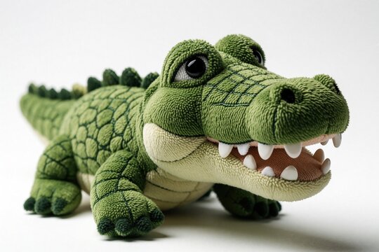 Green crocodile plush toy lays on white studio backdrop. Soft fabric amphibian with detailed scales and sharp teeth for kids playtime or nursery decor. Cute reptile comfort object.