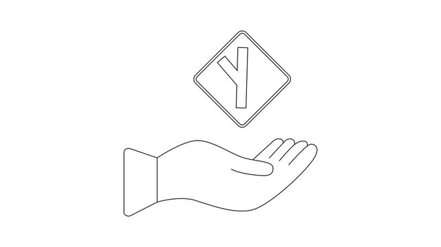 Hand holding a road sign indicating a fork in the road.