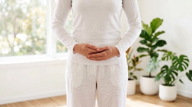 Woman Holding Stomach with Hands in Bright Room, Concept of Stomach Ache, Digestive Health and Wellness at Home