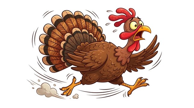 Funny cartoon turkey bird running away in a fast and scared manner