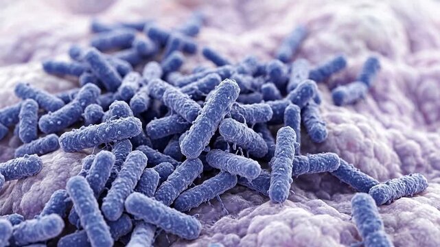 Microscopic View of Blue Rod-Shaped Bacteria Colony, Concept of Microbiology Research, Biomedicine and Infectious Disease Science