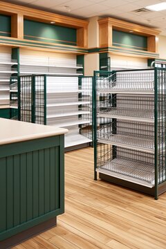 Empty grocery store aisles with bare shelves
