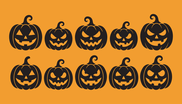 Halloween Jack O Lantern Pumpkin Silhouette Icons Set on Orange Background