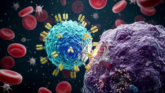 Microscopic Virus Particle Attacking Human Cell in Bloodstream, Concept of Immune Response, Virology and Medical Science
