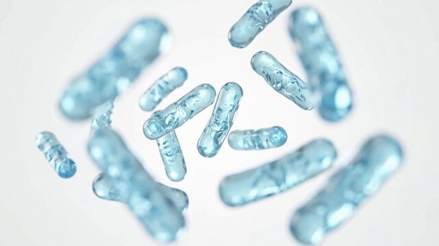 Transparent Blue Capsule Molecules Floating on White Background, Concept of Probiotics Ingredients, Antibacterial Tech and Skincare Science