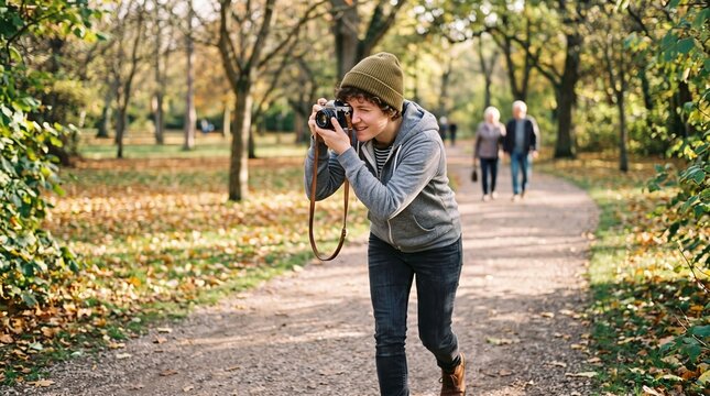 Young adult uses film camera during weekend walk