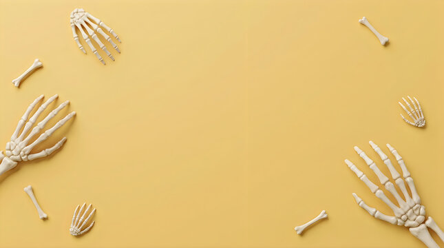 Human skeletal hand and finger bones on mustard yellow background