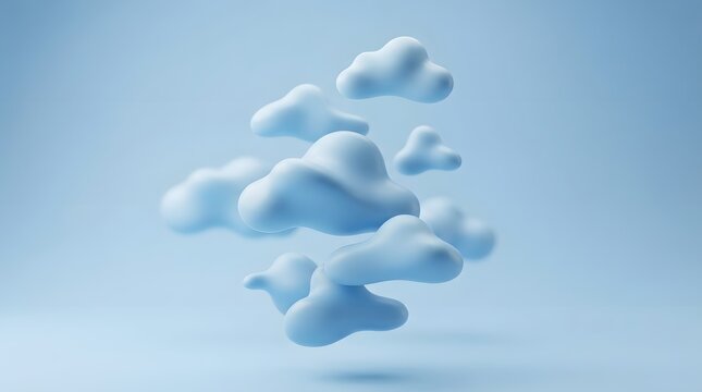 3D abstract blue clouds floating on a soft pastel blue background for minimal design