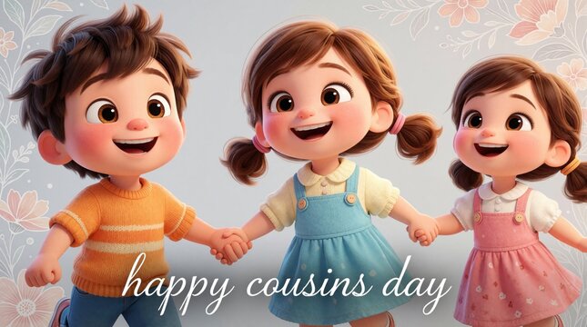 Cute cartoon boy, girl hold hands celebrating happy cousins day. Three joyful kids smile together in 3D character style. Little siblings relatives enjoy friendship, childhood bond. Happy family