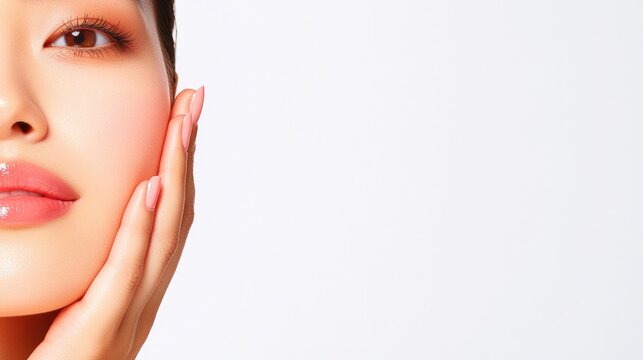 The image features a close up of the lower half of a woman's face and her right cheek, with her right hand gently resting on her cheek
