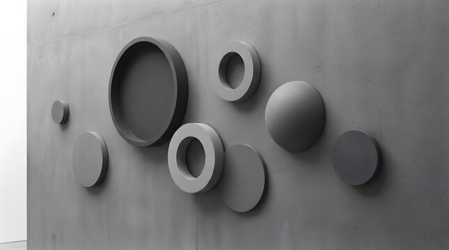 Abstract gray wall art with 3D circular shapes and geometric relief elements