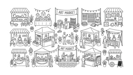 Fototapeta premium Hand-Drawn Art Market Scene with Stalls, Artists, Musicians, and Shoppers, Vector Illustration