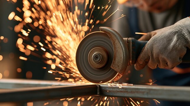 Worker grinding metal with sparks flying
