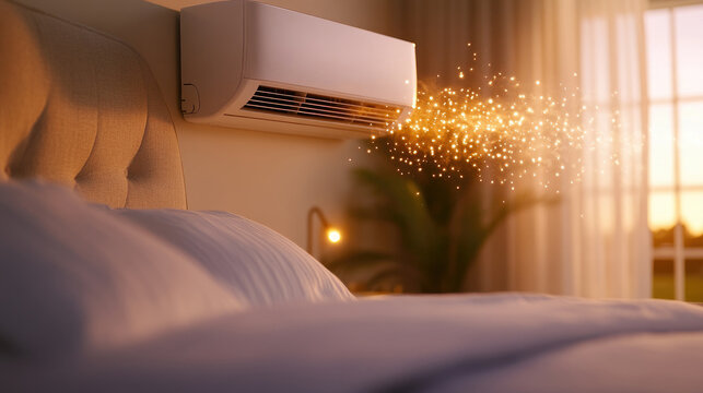 The image depicts a cozy bedroom with a neatly made bed featuring a white pillow and bedding in the foreground