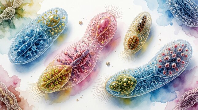 Watercolor illustration shows diverse protozoa cells like amoeba and paramecia. Microscopic organisms display internal structures in vibrant colors. Science art details unicellular life.