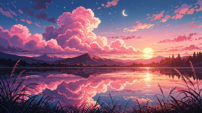 Anime style sunset over tranquil lake with pink clouds and mountain reflections. Calm water mirrors vibrant sky with stars and moon. Peaceful dusk scenery.