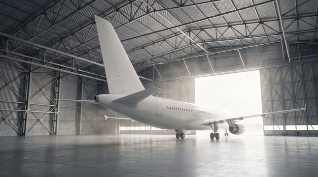 Airplane wing inside a spacious industrial airport hangar