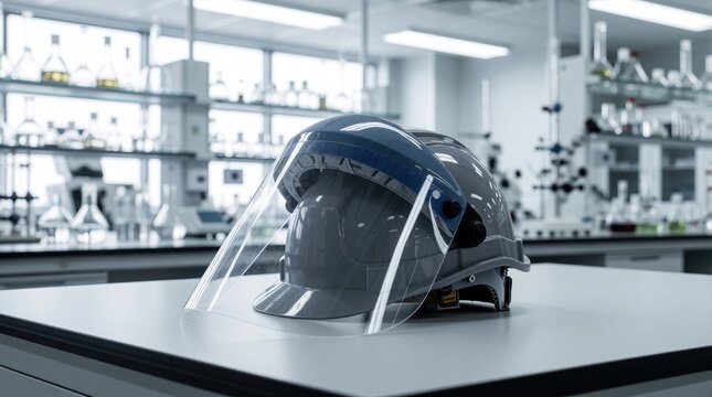 Lab safety helmet and face shield on table. Protective gear for scientists in chemistry, biotech, pharma research. Clean indoor facility with equipment.