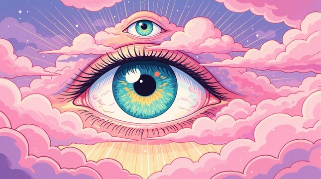 Surreal illustration of giant blue eye among pink clouds in pastel sky. Mystical third eye floats above main eye in dreamy dreamscape. Abstract art concept for spiritual vision, mental awareness,