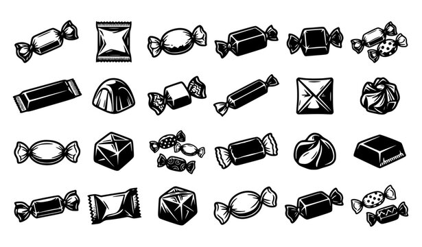 Wrapped chocolate candy collection black and white bold outline isolated on white vector illustration