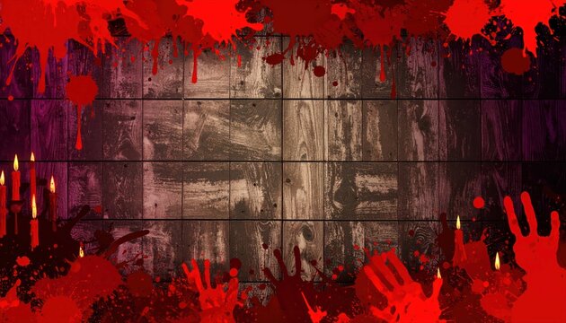 Spooky horror background featuring blood splatters, bloody handprints and lit candles on wooden wall
