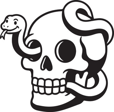 A black and white cartoon human skull illustration with a smiling snake coiled around it and slithering through the eye socket and jaw, isolated on a white background.