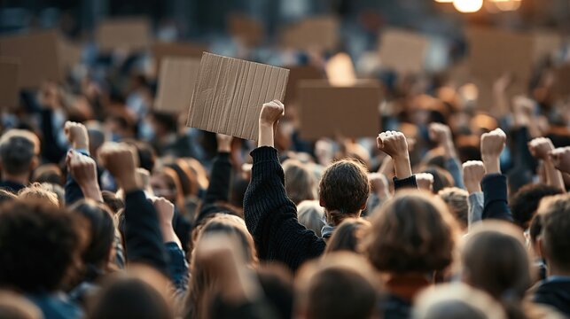 Crowd of protesters raising fists and holding blank