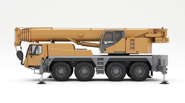 Yellow modern mobile crane truck on plain white background telescopic boom construction machinery side view