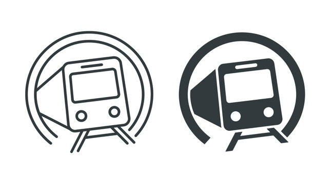 Subway train inside tunnel vector graphic illustration with outline and solid black icon styles