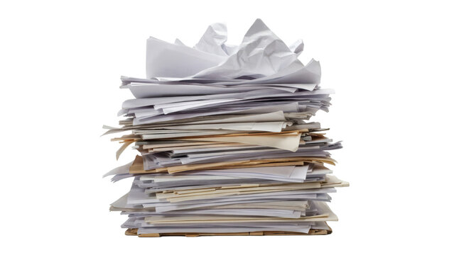 A large messy stack of white and off-white paper sheets and documents isolated on a transparent background