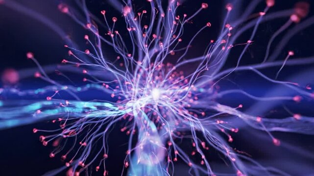 Abstract neural network animation, glowing purple brain cells with firing synapses, digital biological neuron connection background