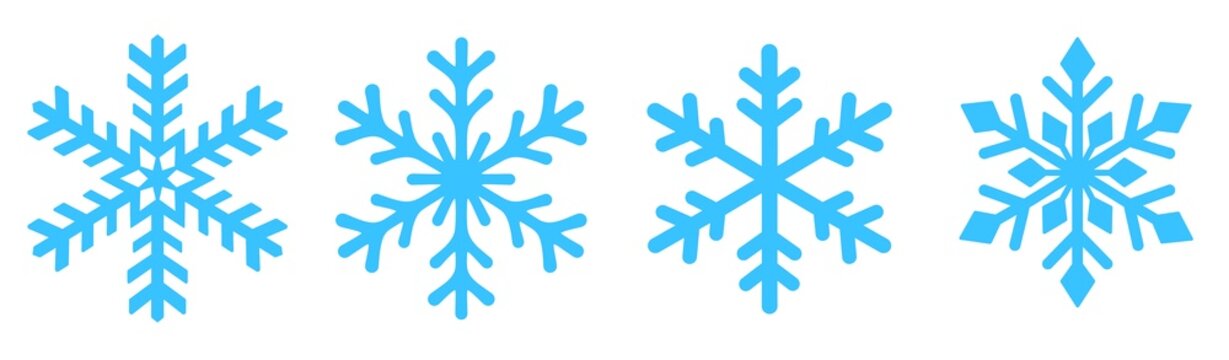Four blue snowflake designs collection. Bold geometric winter style with varied patterns. Vector illustration.