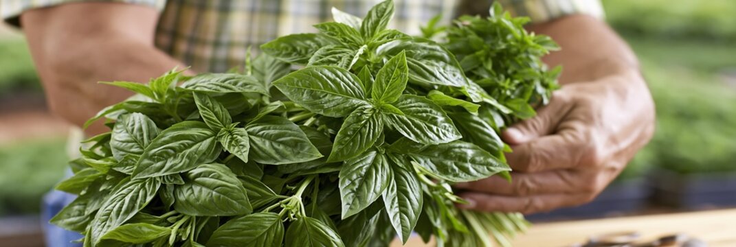 Farmer holding fresh green basil bunch in hands