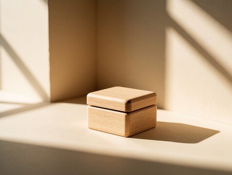 Small square wooden gift box sits in corner under warm sunlight. Natural timber container with lid rests on beige surface. Minimalist rustic decor for luxury jewelry cosmetic product branding.