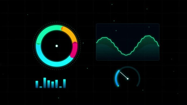 Neon graphs pulse against a dark grid background. Circular, bar, and line charts glow with vibrant color. Data visualizations show motion and digital energy. Perfect for tech, finance