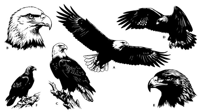 Eagles set with head portrait, flying, perched and profile views featuring wildlife, birds, predators with detailed feathers and monochrome style