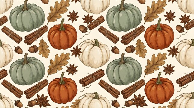 Seamless pattern with pumpkins, cinnamon sticks, star anise, acorns, and oak leaves on a light background