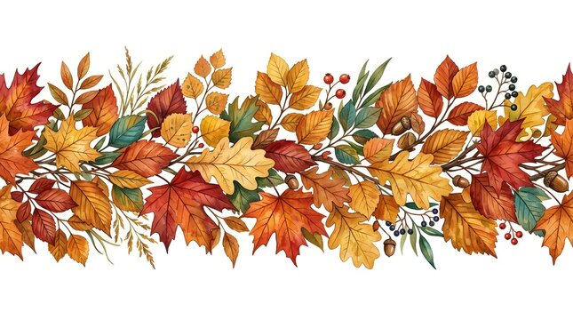 Horizontal border of colorful autumn leaves, berries, and acorns isolated on white background